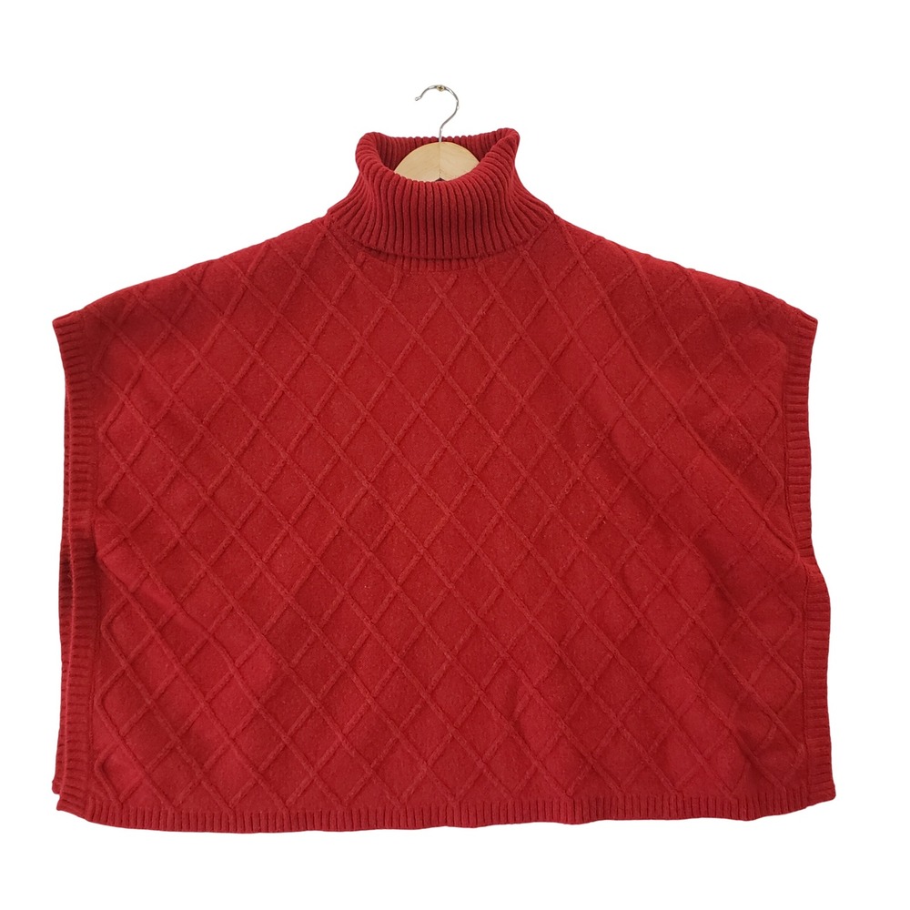 Loft Red Diamond Cable Knit Turtleneck Poncho Sweater‎ Womens M/L Wool Blend
